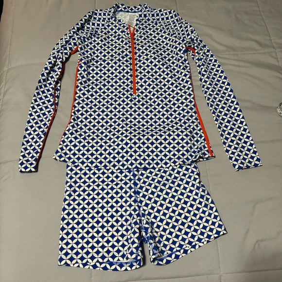 Boden Blue and White Geometric Swim Set - Picture 1 of 7